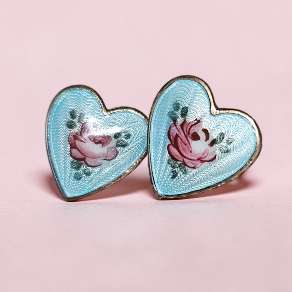 VINTAGE STERLING PINK ROSES ON BLUE GUILLOCHE ENAMEL HEART SCREWBACK EARRINGS